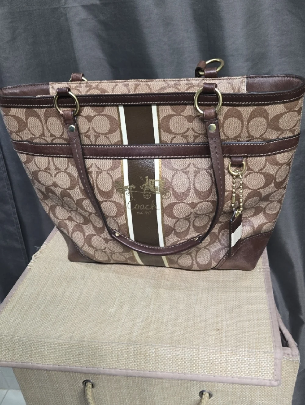Coach Brown Signature Stripe Tote Bag - Picture 6 of 14